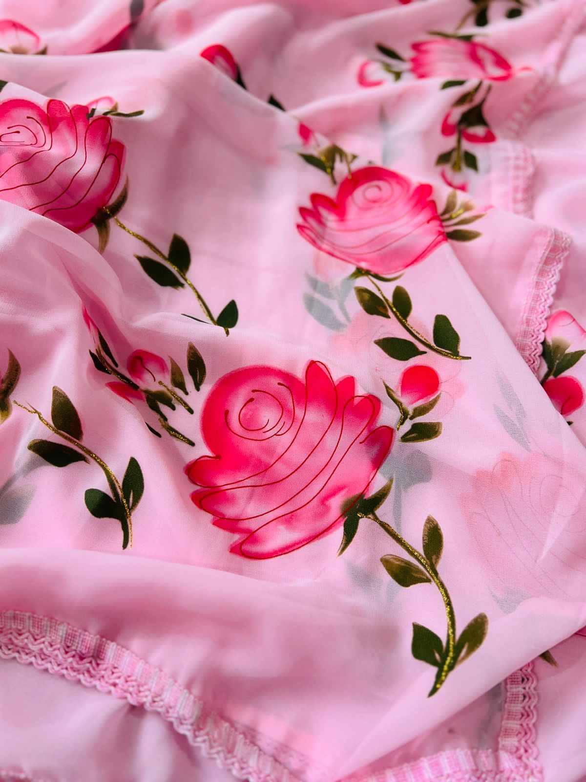 Hand-Embroidered Lovely-Pink Chikankari & Golden Zari work Saree with Blouse