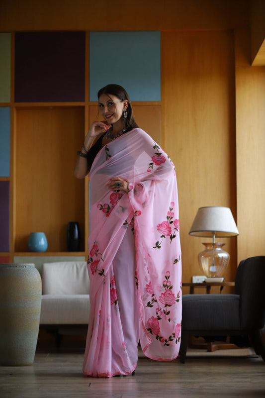 Hand-Embroidered Lovely-Pink Chikankari & Golden Zari work Saree with Blouse