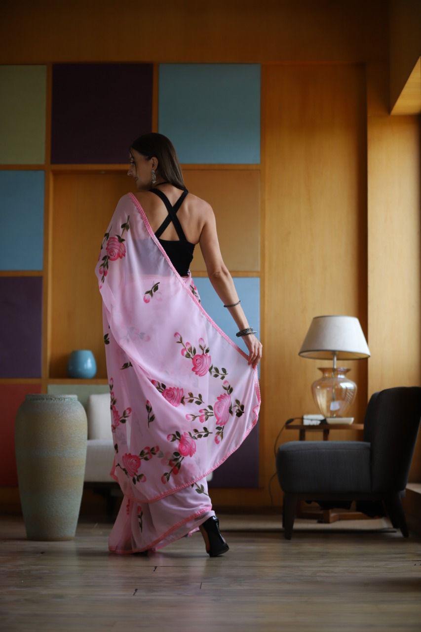 Hand-Embroidered Lovely-Pink Chikankari & Golden Zari work Saree with Blouse