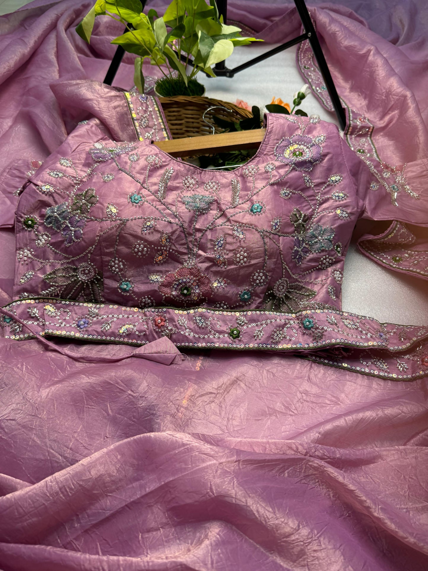 Hand-Embroidered Pure Silk Saree in Ravishing Pink Paired with a Heavily Embroidered Stitched Blouse