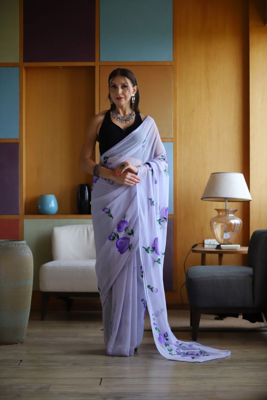 Hand-Embroidered Majestic-Purple Chikankari & Golden Zari work Saree with Blouse