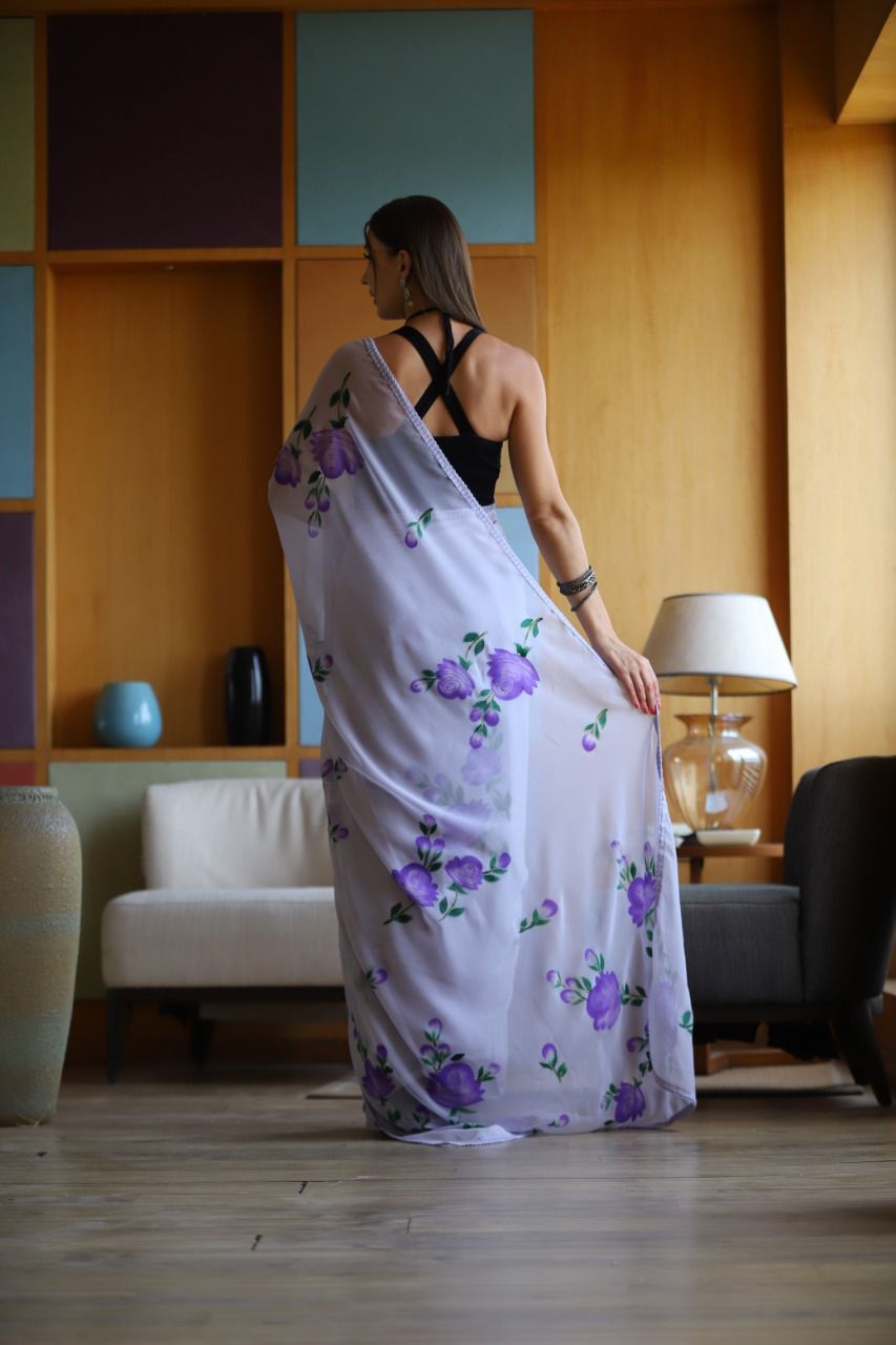 Hand-Embroidered Majestic-Purple Chikankari & Golden Zari work Saree with Blouse