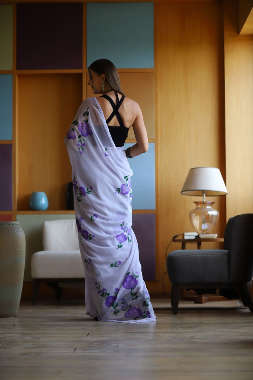 Hand-Embroidered Majestic-Purple Chikankari & Golden Zari work Saree with Blouse