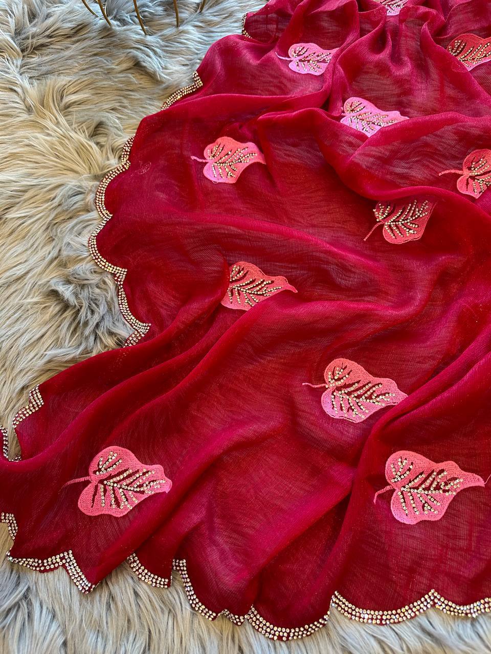 Red Foil-Chiffon Saree with Digital-Print & Hand Cut-Work Border with blouse
