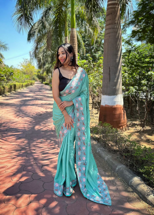 Hand-Embroidered Sea-Green Pure Shimmer Slub Silk Saree with Blouse