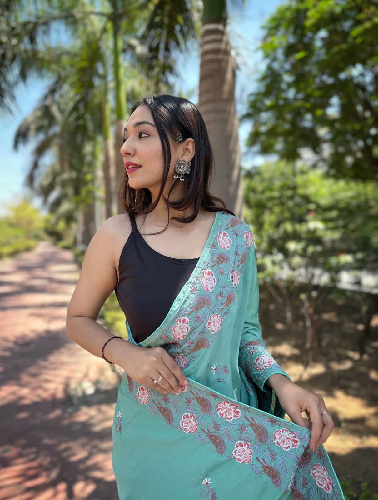 Hand-Embroidered Sea-Green Pure Shimmer Slub Silk Saree with Blouse