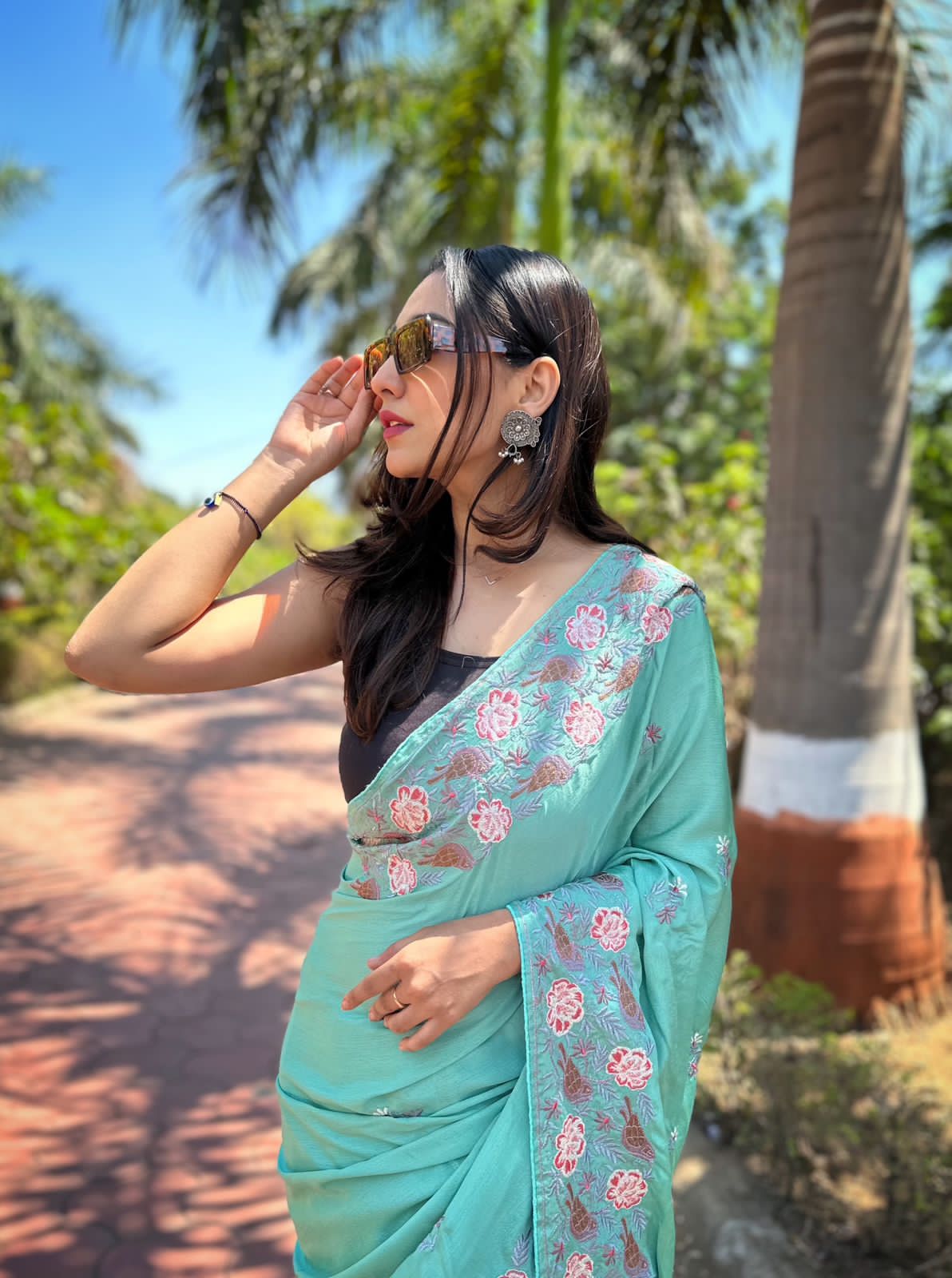 Hand-Embroidered Sea-Green Pure Shimmer Slub Silk Saree with Blouse