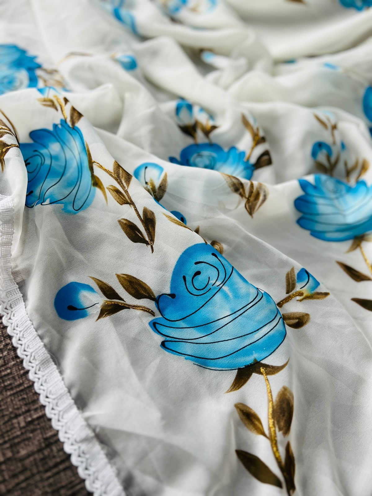 Hand-Embroidered Pure White Chikankari & Golden Zari work Saree with Blouse