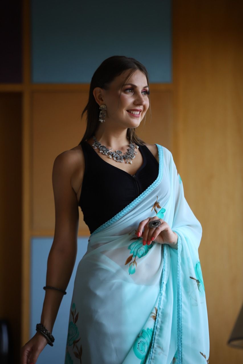 Hand-Embroidered Pure White Chikankari & Golden Zari work Saree with Blouse