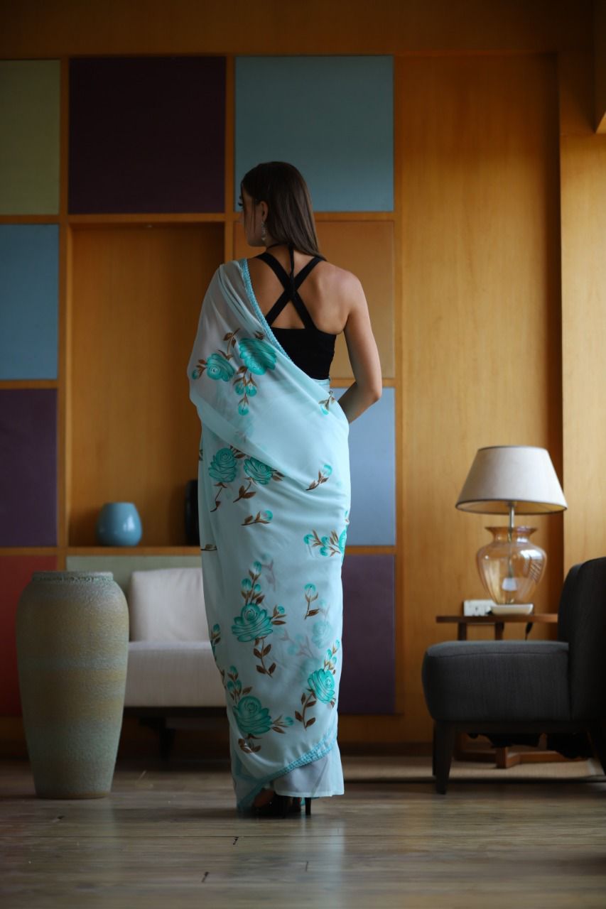 Hand-Embroidered Pure White Chikankari & Golden Zari work Saree with Blouse