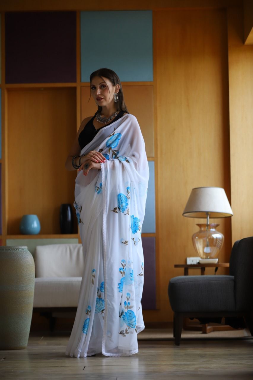 Hand-Embroidered Pure White Chikankari & Golden Zari work Saree with Blouse