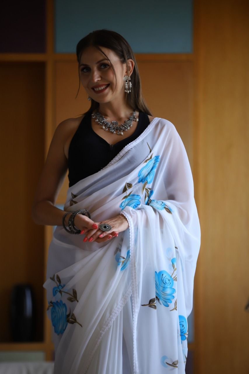 Hand-Embroidered Pure White Chikankari & Golden Zari work Saree with Blouse