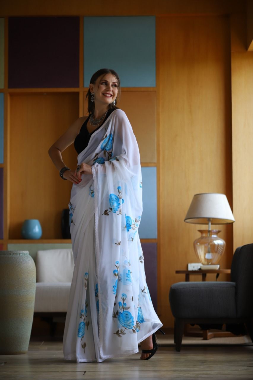 Hand-Embroidered Pure White Chikankari & Golden Zari work Saree with Blouse