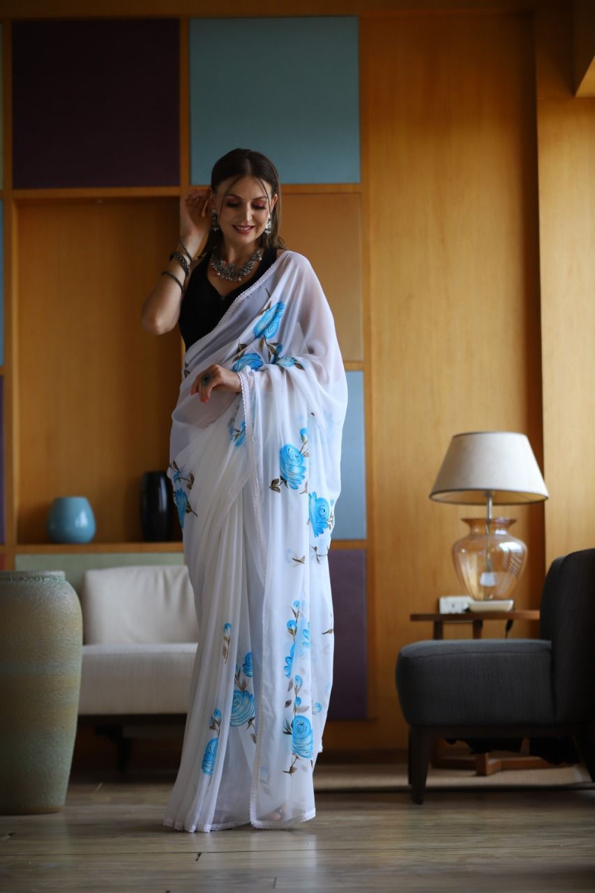 Hand-Embroidered Pure White Chikankari & Golden Zari work Saree with Blouse