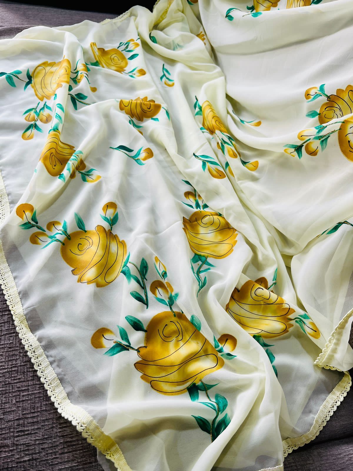 Hand-Embroidered Sunny-Yellow Chikankari & Golden Zari work Saree with Blouse