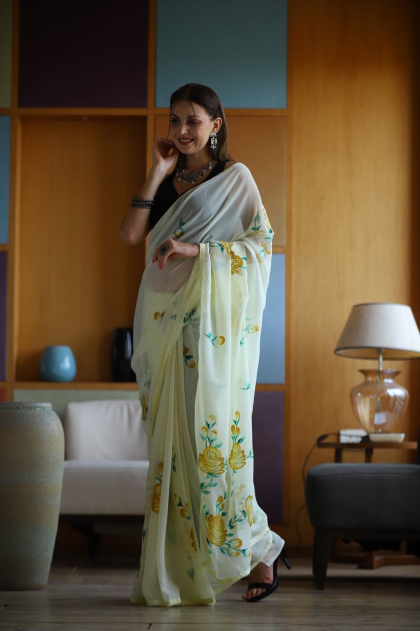 Hand-Embroidered Sunny-Yellow Chikankari & Golden Zari work Saree with Blouse