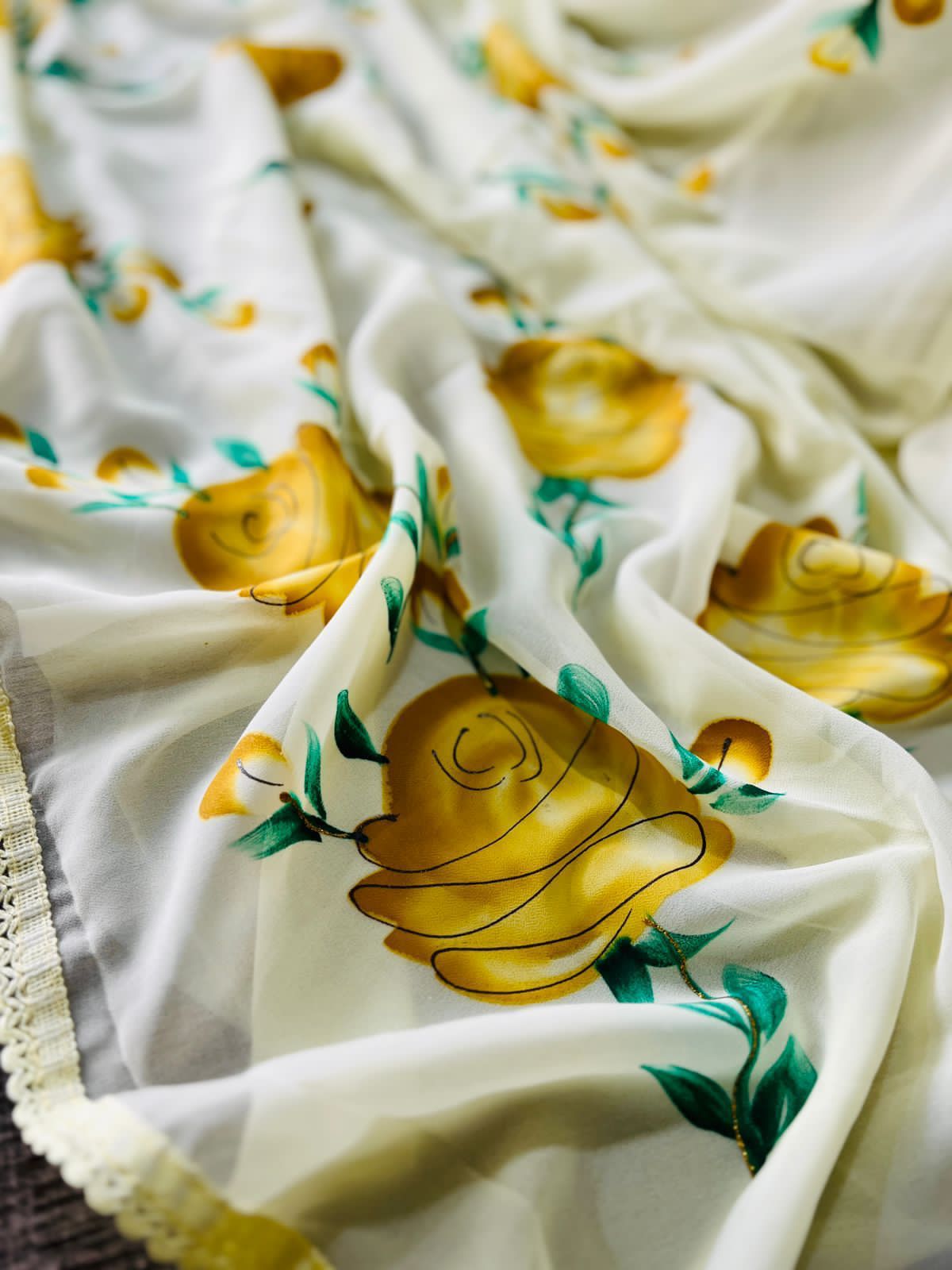 Hand-Embroidered Sunny-Yellow Chikankari & Golden Zari work Saree with Blouse