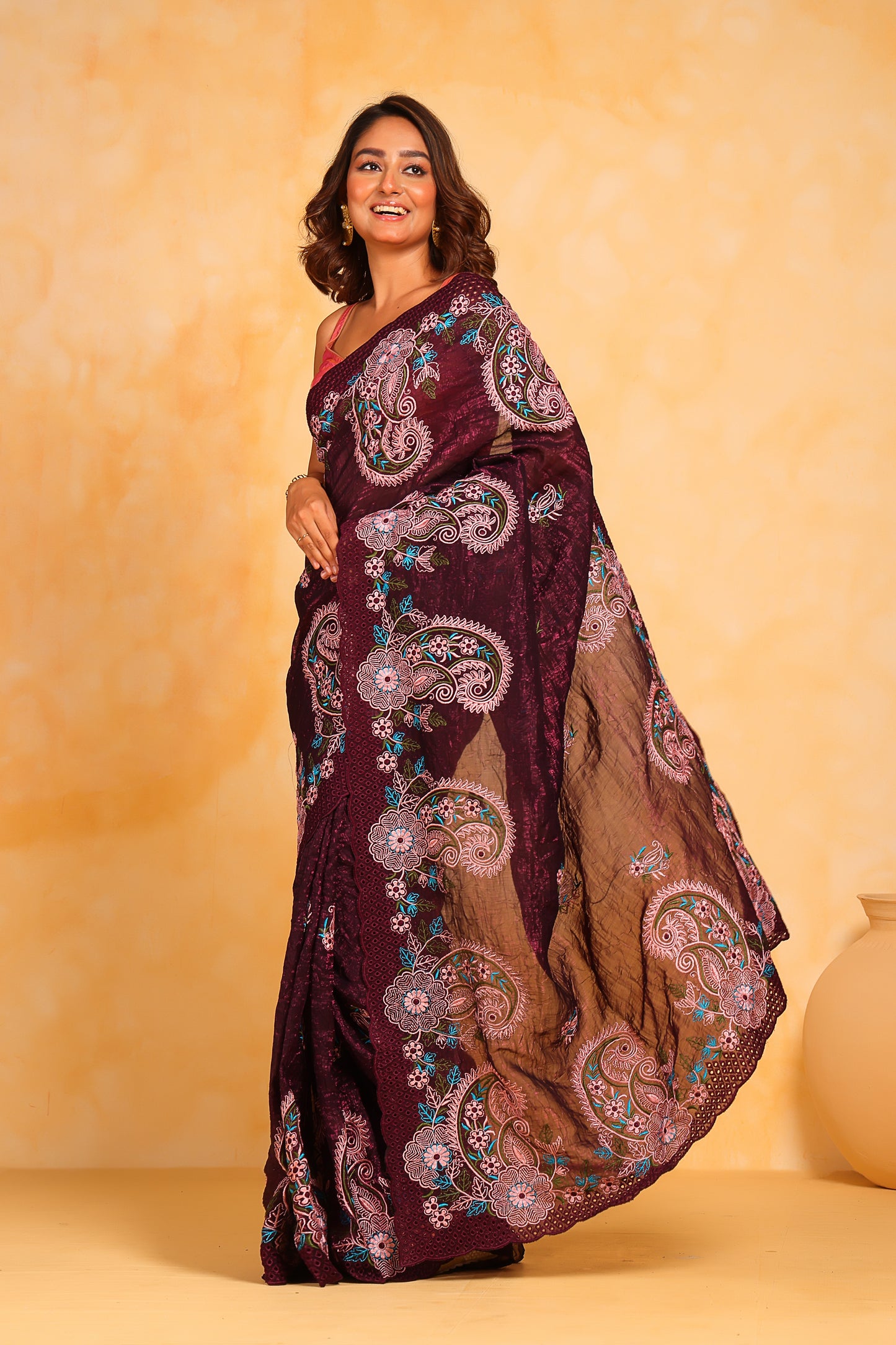 Pure Korean Crushed Shimmer-Silk Wine saree with Blouse