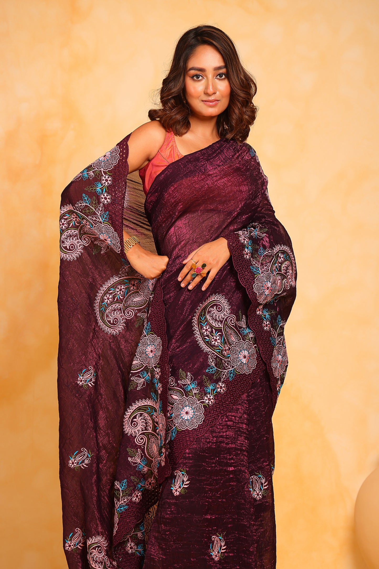 Pure Korean Crushed Shimmer-Silk Wine saree with Blouse