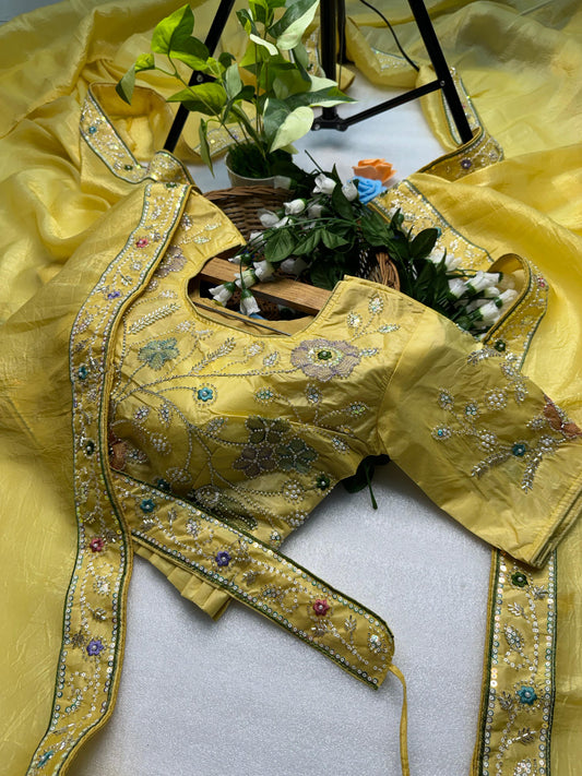 Hand-Embroidered Pure Silk Saree in Sunny Yellow Paired with a Heavily Embroidered Stitched Blouse